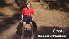  Presentation with tyre - Cool new presentation design with portrait of smiling girl sitting on huge tyre during obstacle course in boot camp backdrop and a tawny brown colored foreground