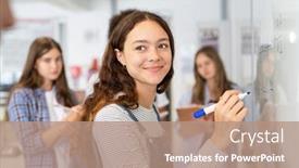  Presentation with student writing - Amazing PPT layouts having portrait-of-smiling-girl-solving backdrop and a coral colored foreground