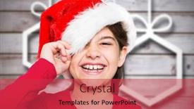  Presentation with girl christmas - Beautiful PPT theme featuring portrait of smiling girl in santa hat during christmas time backdrop and a red colored foreground