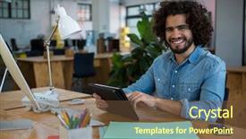  Presentation with graphic - Amazing theme having portrait of smiling graphic designer using digital tablet in creative office backdrop and a tawny brown colored foreground
