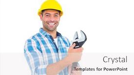  Presentation with handyman - Presentation design featuring portrait of smiling handyman holding adjustable spanner on white background background and a white colored foreground