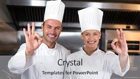  Presentation with commercial - Beautiful PPT theme featuring portrait of smiling happy chefs showing ok signs in commercial kitchen backdrop and a light gray colored foreground