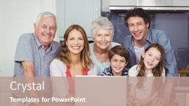  Presentation with portrait happy family smiling - Beautiful PPT layouts featuring portrait of smiling happy family with laptop in kitchen at home backdrop and a coral colored foreground