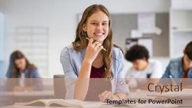  Presentation with high school - Audience pleasing theme consisting of portrait-of-smiling-high-school backdrop and a coral colored foreground
