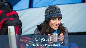  Presentation with tent - Beautiful slide set featuring portrait of smiling hiker having a cup of coffee in tent at forest backdrop and a ocean colored foreground
