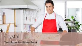  Presentation with commercial - Colorful slides enhanced with portrait of smiling male chef holding uncooked ravioli pasta on cutting board in commercial kitchen backdrop and a coral colored foreground