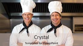  Presentation with commercial - Slide deck consisting of portrait of smiling male chefs standing in commercial kitchen background and a lemonade colored foreground