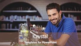  Presentation with hair salon - Colorful presentation design enhanced with portrait of smiling male hairdresser holding a diary at the hair salon backdrop and a violet colored foreground