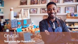  Presentation with coffee shop - Audience pleasing PPT theme consisting of portrait-of-smiling-male-owner backdrop and a coral colored foreground