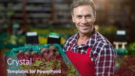  Presentation with staff - Presentation design featuring portrait of smiling male staff holding a crate of fresh vegetables at supermarket background and a violet colored foreground