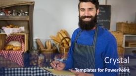  Presentation with bakery - Audience pleasing theme consisting of portrait of smiling male staff writing on clipboard at counter in bakery shop backdrop and a ocean colored foreground