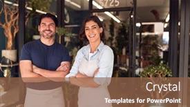  Presentation with female - PPT theme enhanced with portrait-of-smiling-male background and a tawny brown colored foreground
