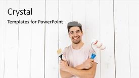  Presentation with painting walls paint roller - Cool new slide deck with portrait of smiling man 20s backdrop and a white colored foreground