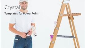  Presentation with paint roller - PPT layouts with portrait of smiling man holding paint roller while standing by ladder on white background background and a sky blue colored foreground