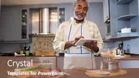  Presentation with tablet - Amazing slides having portrait-of-smiling-man-using backdrop and a coral colored foreground