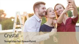  Presentation with party - Slide deck having portrait of smiling mature business background and a lemonade colored foreground