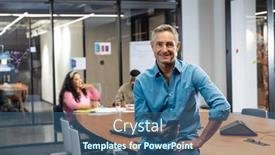  Presentation with phone meeting - Theme enhanced with portrait-of-smiling-mature-caucasian background and a ocean colored foreground