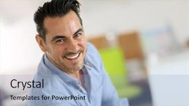  Presentation with creation of man - PPT theme having portrait of smiling mature man background and a light blue colored foreground
