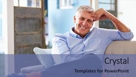 Presentation with mature students sitting at desks - PPT theme featuring portrait of smiling mature man background and a ocean colored foreground