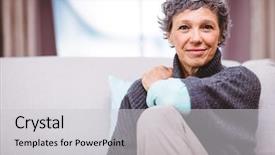  Presentation with home - PPT theme consisting of portrait of smiling mature woman background and a light gray colored foreground