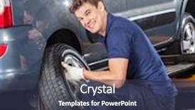  Presentation with mechanic shop - Presentation theme with portrait of smiling mechanic changing car tire at auto repair shop background and a tawny brown colored foreground