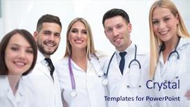  Presentation with medical emergency trauma team - PPT theme with portrait of smiling medical team background and a  colored foreground