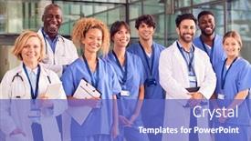  Presentation with team building - Amazing slide deck having portrait-of-smiling-medical-team backdrop and a teal colored foreground