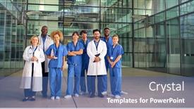  Presentation with team building - PPT layouts enhanced with portrait-of-smiling-medical-team background and a ocean colored foreground