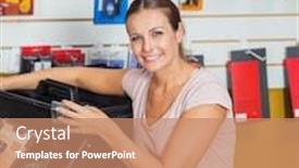  Presentation with hardware - Colorful slides enhanced with portrait of smiling mid adult woman buying tools in hardware store backdrop and a coral colored foreground