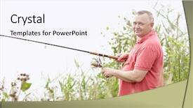  Presentation with polo - Beautiful PPT layouts featuring portrait of smiling middle aged man wearing polo shirt angling with rod and spinning reel on summer lake - fishing concept backdrop and a sky blue colored foreground