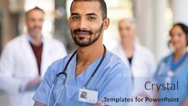  Presentation with team health - Slides consisting of portrait-of-smiling-middle-eastern background and a light blue colored foreground