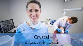  Presentation with dental - Colorful PPT layouts enhanced with portrait of smiling nurse holding backdrop and a teal colored foreground