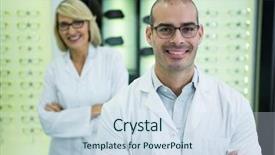  Presentation with optical - Theme enhanced with portrait of smiling optometrists standing with arms crossed in optical store background and a sky blue colored foreground