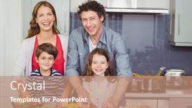  Presentation with children parents - Beautiful PPT layouts featuring portrait of smiling parents with children in kitchen at home backdrop and a coral colored foreground