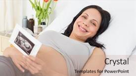  Presentation with hospital bed - Theme enhanced with portrait of smiling pregnant woman holding sonography report while lying in bed at hospital background and a coral colored foreground