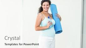 Presentation with exercise mat - Cool new PPT layouts with portrait of smiling pregnant woman holding exercise mat and water bottle in fitness studio backdrop and a white colored foreground