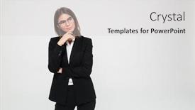  Presentation with space suit - PPT layouts featuring portrait of smiling pretty businesswoman in suit and eyeglasses standing with arms folded and looking away at copy space isolated over white background background and a light gray colored foreground