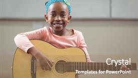  Presentation with business guitar - Audience pleasing slide deck consisting of portrait of smiling pupil playing backdrop and a coral colored foreground