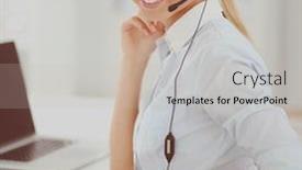  Presentation with receptionist - Amazing slide set having portrait of smiling receptionist using laptop computer and headset at office desk backdrop and a soft green colored foreground