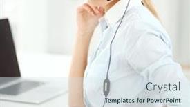  Presentation with receptionist - PPT theme featuring portrait of smiling receptionist using laptop computer and headset at office desk background and a sky blue colored foreground