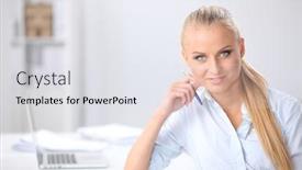  Presentation with receptionist - Cool new PPT theme with portrait-of-smiling-receptionist-using backdrop and a light gray colored foreground