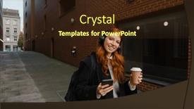  Presentation with takeaway coffee - Presentation consisting of portrait-of-smiling-red-haired background and a wine colored foreground