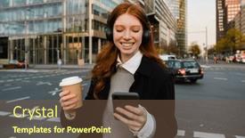  Presentation with takeaway coffee - PPT theme with portrait-of-smiling-red-haired background and a tawny brown colored foreground