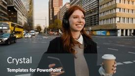  Presentation with takeaway coffee - PPT layouts consisting of portrait-of-smiling-red-haired background and a dark gray colored foreground