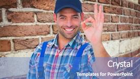  Presentation with red brick wall - Colorful presentation enhanced with portrait of smiling repairman gesturing okay against red brick wall backdrop and a teal colored foreground