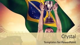  Presentation with football blue - Slide set with portrait of smiling rugby player holding trophy against large football stadium under cloudy blue sky background and a blonde colored foreground