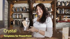  Presentation with salesperson - Colorful PPT layouts enhanced with portrait of smiling salesperson displaying tea container in store backdrop and a tawny brown colored foreground