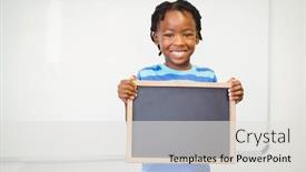  Presentation with slate - Theme having portrait-of-smiling-school-boy background and a light gray colored foreground
