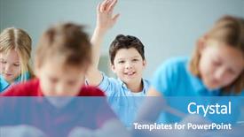  Presentation with classmates - Beautiful presentation theme featuring portrait of smiling schoolboy raising backdrop and a teal colored foreground