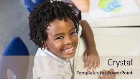  Presentation with technology and career day and elementary school - Colorful PPT theme enhanced with portrait of smiling schoolboy studying backdrop and a coral colored foreground